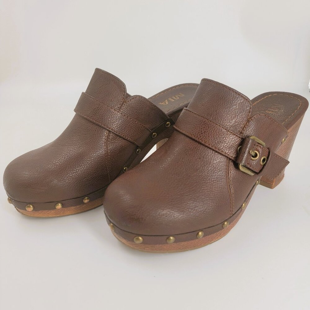MIA Ailani Brown Side Buckle Hobnail Platform Clogs Vegan 7.5 M